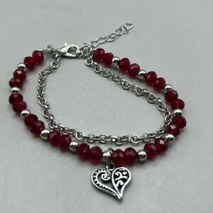 Elegant Silver Toned and Red Heart Charm Bracelet -Stylish Romance